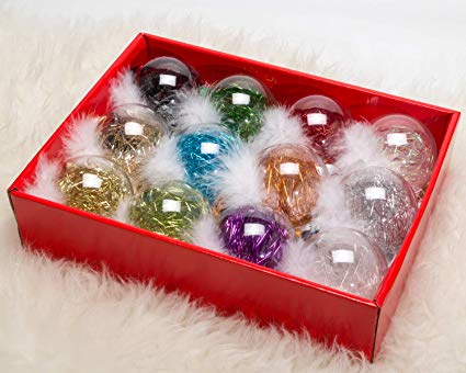 AMS 3.14''/12ct Shatterproof Clear Plastic Christmas Ball Ornaments Decorative Xmas Balls Baubles Set with Stuffed Delicate Decoration (80mm, Mix-Corlor)