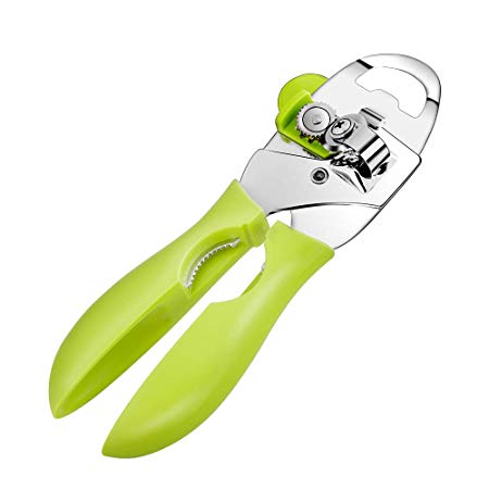 Can Opener, asika Can Opener Manual, 3 in 1 Food-Safe Can Opener Smooth Edge, Ergonomically designed handle with Built-in Bottle Opener, cover lifter, Green