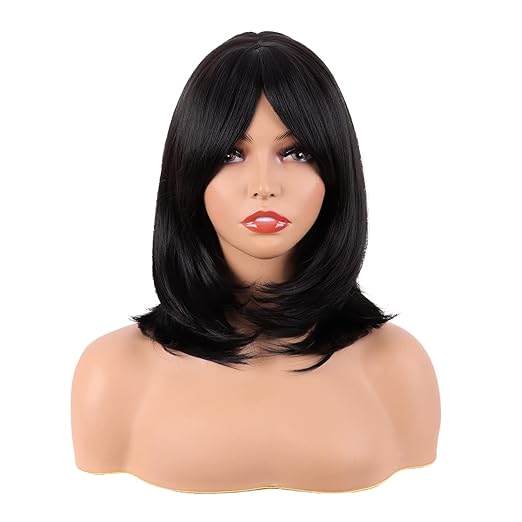 MapofBeauty 18 Inch/45 cm Layered Bangs Straight Synthetic Fiber Shoulder Length Hair Daily Use Wig (Black)