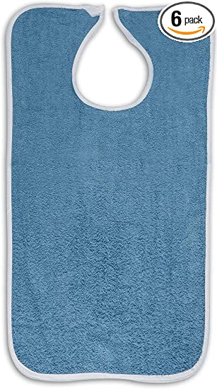 6 Adult Bibs Washable Reusable Terrycloth Clothing Protectors - Blue