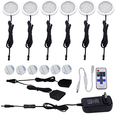 Aiboo 12V LED Under Cabinet Lights Kit 6 Pack Black Cord Aluminum Puck Lamps for Kitchen Counter Closet Lighting with Wireless Dimmable RF Remote Control(6 Lights, Warm white)