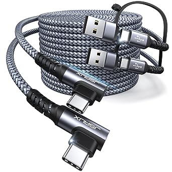 JSAUX 90 Degree USB C Cable 2M [2-Pack], 60W Right Angle USB-A/C to USB-C QC&PD 2-in-1 Type C Fast Charging Cord 3.1A Compatible with iPad Pro, iPad Air, MacBook, Galaxy S/Note, Pixel, Huawei, LG