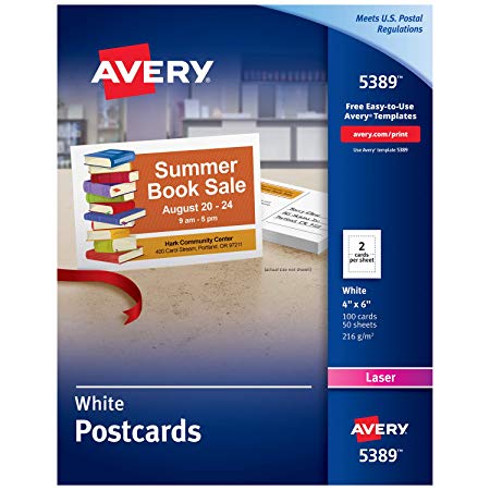 Avery Printable Cards, Laser Printers, 100 Cards, 4 x 6, U.S. Post Card Size (5389)