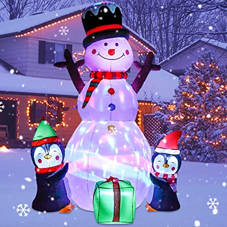 Artiflr 6Ft Christmas Inflatable Snowman with Cute Penguins and Gift Box, Building Rotating Led Lights and 3 LED Lights Outdoor Indoor Holiday Decorations Blow up Yard Inflatables Home Decor