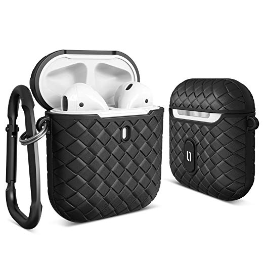 ULAK AirPods case,Textured Slim Case Cover, Portable Protective & Shockproof Woven Soft TPU AirPods Accessories with Carabiner Keychain, Compatible for Apple AirPods 1 & 2 [Front LED Visible] (Black)