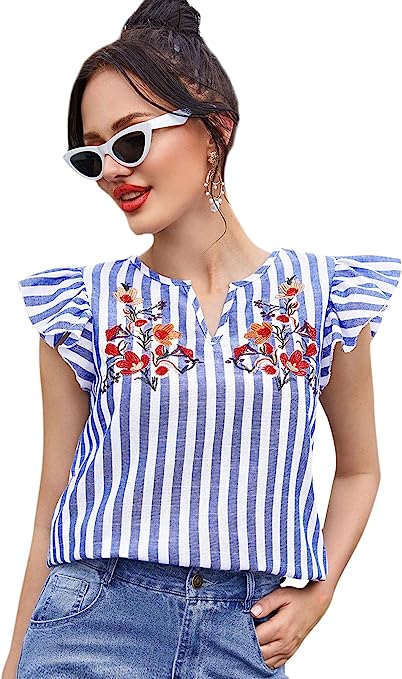 Floerns Women's Floral Embroidered V Neck Ruffle Cap Sleeve Peplum Blouse Top