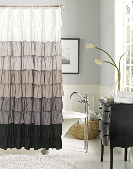 Dainty Home Flamenco Ruffled Shower Curtain, 72 by 72-Inch, Black/White