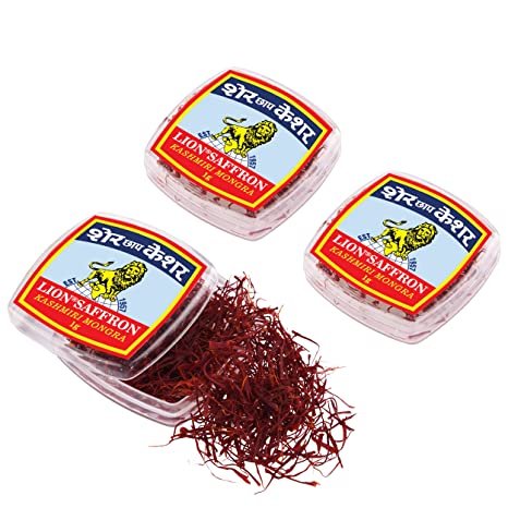 Lion Saffron, 3g, Original (Value Pack) Kashmiri Mongra Saffron/ Kesar for Pregnant Women, Pooja, Biryani, Tilak, Milk, Skin and Face (Pack of 3 X 1gram = 3grams)