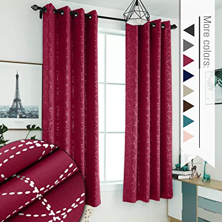 Sophia & William 52" W x 84" L Blackout Curtains with Grommets Thermal Insulated, Hot Stamping (Silver) Stitched Swirl Pattern - 2 Panels, Cardinal