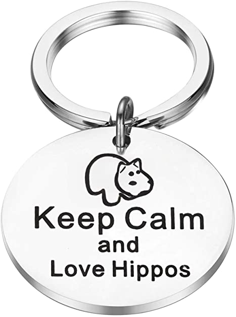 FEELMEM Hippo Lover Gift Keep Clam and Love Hippos Keychain Hippo Themed Gift