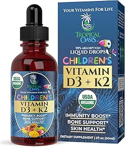 USDA Organic Vitamin D3 K2 Liquid Drops | Vitamin D3 K2 Supplement for Kids & Toddlers Ages 1  | Kids Supplement for Calcium Absorption Strong Bones | Vegan, Non-GMO | 2 Fl Oz