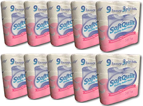 Bulk Pack of 90 Rolls - 3 PLY Luxury Soft White Bathroom Toilet Roll Paper (Pink)