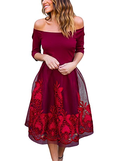 Alvaq Womens Off The Shoulder Lace Embroidered 3/4 Sleeve Swing Skater Dress