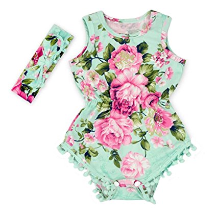 Hollyhorse Hot Pink Floral Flower Pom Rompers For Baby Girls with Headband 0-3T