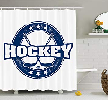 Ambesonne Hockey Shower Curtain, Weathered Looking Vintage Stamp Composition Text Sticks and Stars in Circle, Cloth Fabric Bathroom Decor Set with Hooks, 70 Inches, Navy Blue White