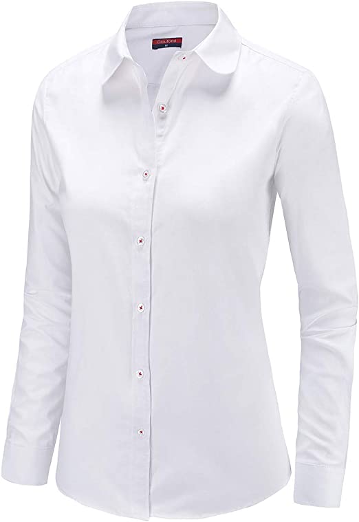 Dioufond Womens Office Shirts Cotton Collared Ladies Button Down Dress Shirt