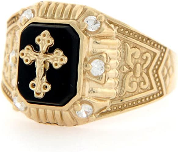 Jewelry Liquidation 10k Yellow Gold Crucifix Onyx CZ Religious Mens Ring