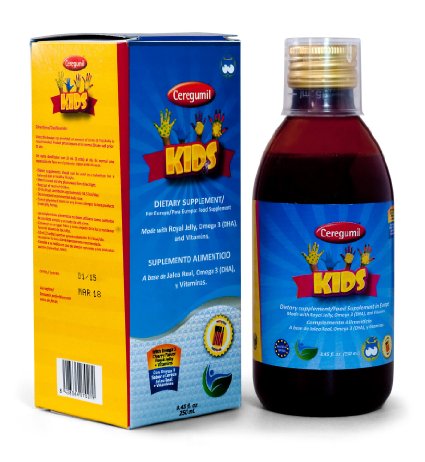 Ceregumil Kids Vitamins Algae Omega 3 EPA DHA Liquid Vitamins and Minerals w/ TERRIFIC Cherry Taste   Vitamin C, D3, B6, B12 (Methylcobalamin) for Physical and Mental Development, UNIQUE w/ High Grade Royal Jelly to Help Fight Stress and Fatigue to Help Maintain Normal Growth and Development, Immune System Booster and Nervous System - 250mL - (Pekes)