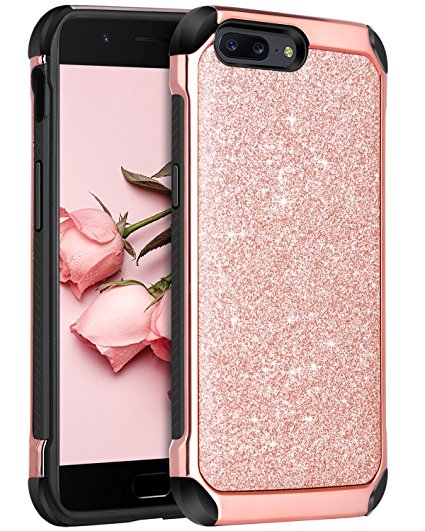 OnePlus 5 Case, BENTOBEN Slim Heavy Duty Shockproof Luxury Sleek Glitter Sparkly Bling Cute Shiny 2 in 1 Soft TPU Bumper Hybrid Hard PC with PU Faux Leather Protective Phone Cover, Rose Gold