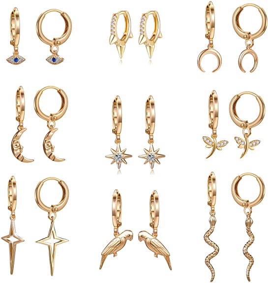 9 Pairs Gold/Silver Small Hoop Earrings with Charm for Women - Spike Huggie Hoop Earrings Set for Girls