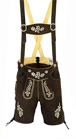 FAIZI FASHION Mens Bavarian Short LEDERHOSEN Cowhide Brown Leather with Matching Suspenders
