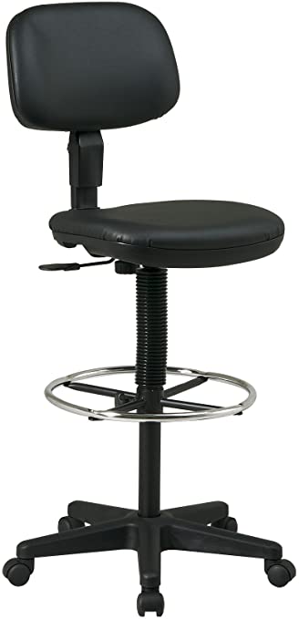 Office Star Sculptured Vinyl Seat and Back Pneumatic Drafting Chair with Adjustable Chromed Foot Ring, Black