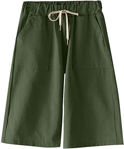 Vcansion Women's Casual Elastic Waist Summer Drawstring Cotton Bermuda Shorts with Pockets