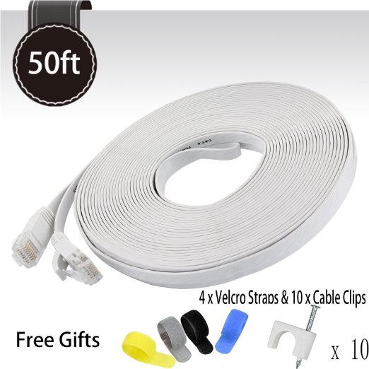 Cat 6 Ethernet Cable White 50ft (At a Cat5e Price but Higher Bandwidth) - Flat Internet Network Cable - Cat6 Ethernet Patch Cable Short - Cat6 Computer Cable With Snagless RJ45 Connectors