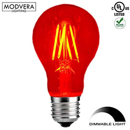 Modvera Red LED Light Bulb A19 3 Watt E26 Base 15,000 Hour Lifespan Clear Glass Lights Up Red