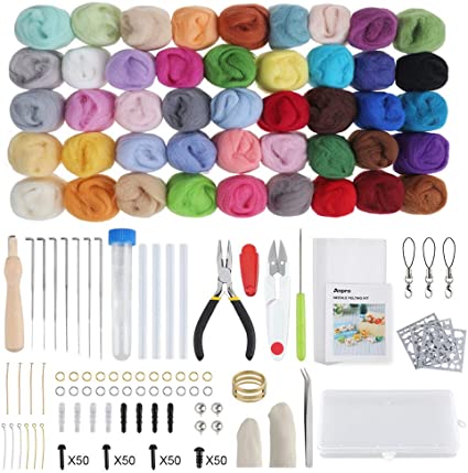Anpro Needle Felting Kit,Craft Kits for Adults, with 45 Colors Wool Roving,Basic Felt Tools and 3 Templates,Best gift for Beginners to DIY Felt Toys