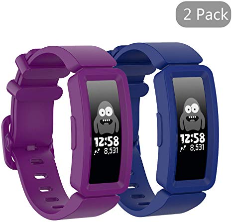 (2 Pack) Qiyiguo Solid Color Bands Compatible for Fitbit Ace 2 Bands for Kid, Anti-Lost & Shockproof Replacement Wrist Band Compatible for Fitbit Inspire, Fitbit Inspire HR for Women - Navy,Purple