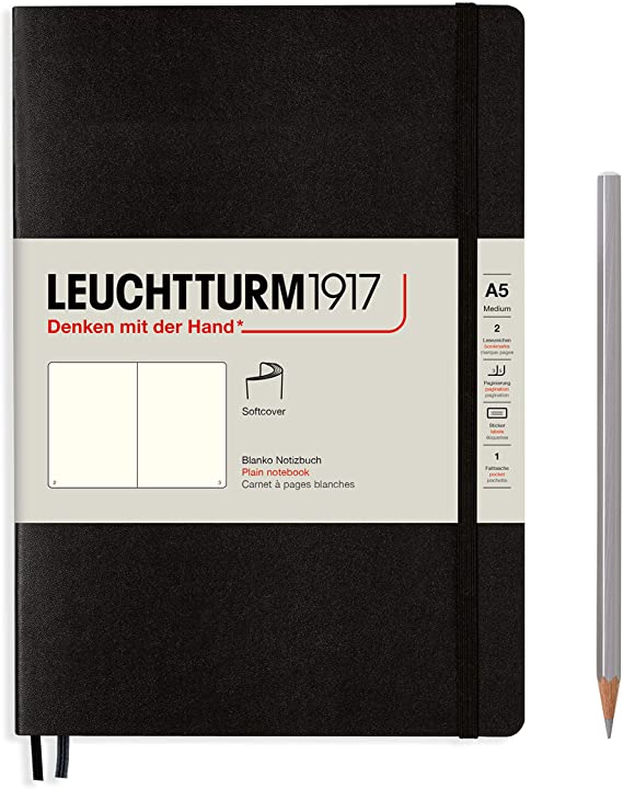 Leuchtturm1917 Medium A5 Softcover Plain Notebook- 123 Numbered Pages, Black