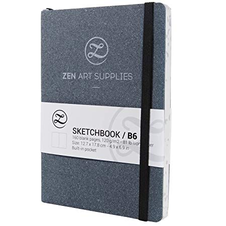ZenArt's B6 (5”x7”) Sketchbook Journal - Durable Engineered Leather Cover, 160 Blank Pages of Smooth 120 GSM Acid-Free Ivory Paper, Inner Pocket, 2 Bookmarks & Elastic Band