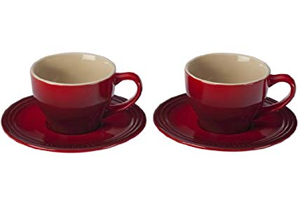 Le Creuset Stoneware Set of 2 Cappuccino Cups and Saucers, Cerise (Cherry Red)