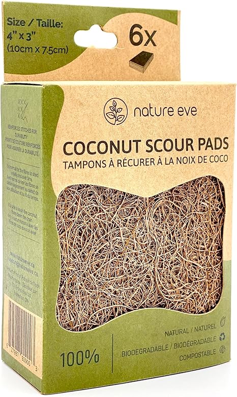 Biodegradable Natural Coconut Fiber and Rubber Latex, Kitchen Scouring Pads Compostable, Eco-Friendly Scrubber, Non-Scratch Plastic-Free Scrubbers for Dishes and Cleaning, 6 Pack