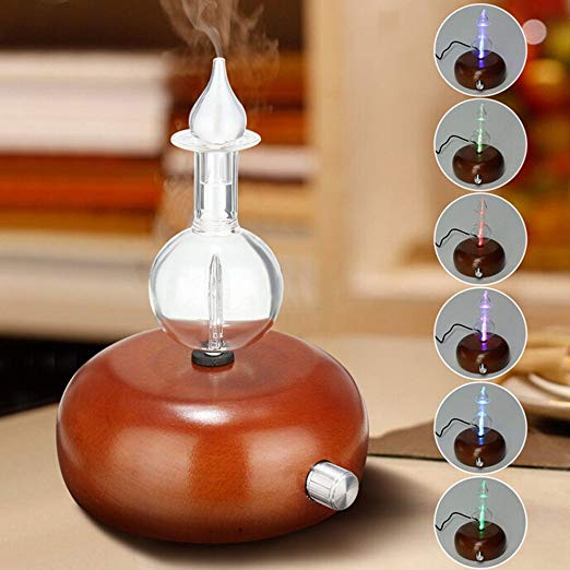 Vintage Aromatherapy Essential Oil Diffuser Lychee New Professional 7 Color Nebulizing Pure Essential Oils Fragrances Aromatherapy Wood & Glass Diffuser for Home Office Hotel SPA (Dark Wood)