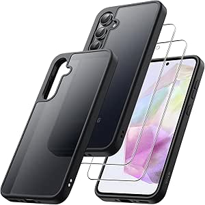 JETech 3 in 1 Matte Case for Samsung Galaxy A35 5G with 2-Pack Tempered Glass Screen Protector, Translucent Frosted Shockproof Phone Cover with Camera Protection (Black)