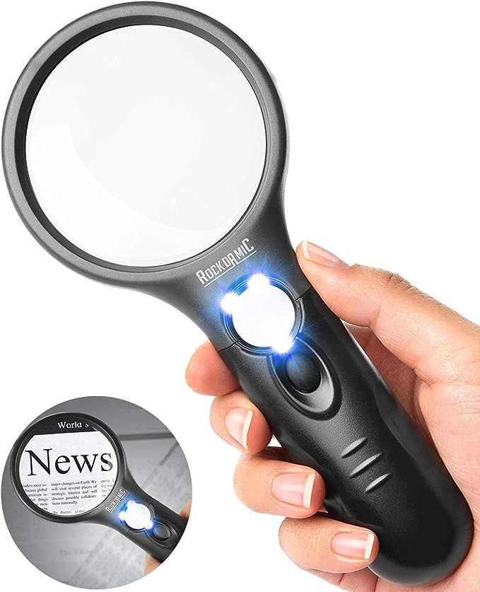 RockDaMic Professional Magnifying Glass with Light (3X / 45x) Large Lighted Handheld Glass Magnifier Lupa for Reading, Jewelry, Coins, Stamps, Fine Print (Black 1)