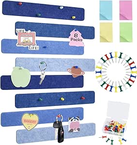 Vuzvuv 8Pcs Blue Cork Board Bar Strips with 50 Pushpins, Self-Adhesive Bulletin Board Strips No Damage for Wall, Felt Pin Board for Paste Notes, Photos, Schedules Office Decor