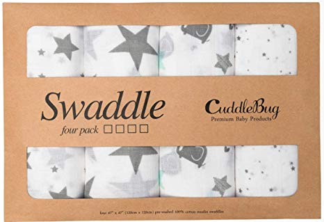 Muslin Squares and Swaddle Blankets - by CuddleBug - (4 Pack) - Large Muslin Blankets for Newborns - 120cm x 120cm - Receiving Blanket Unisex (Starry Nights)