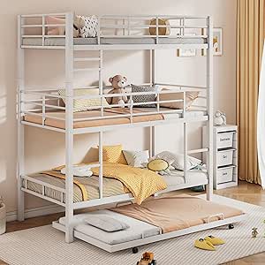 Harper & Bright Designs White Triple Bunk Bed with Trundle, Twin Over Twin Bunk Beds, Metal Quad Bunk Beds, 3 Bunk Beds with 2 Ladders & Guardrails, Convertible Heavy Duty Steel Frame