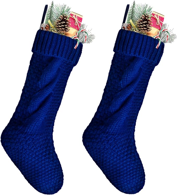 Kunyida Christmas Stockings Bulk, 18 Inch Blue Cable Knitted Stockings for Xmas Holiday Decoration, 2 Pack
