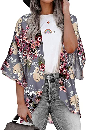 BB&KK Women's Floral Kimono Cardigans Chiffon Casual Loose Open Front Cover Ups Tops