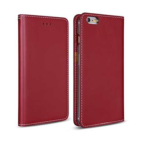 iPhone 6s Plus Case, DesignSkin [Classic Basic] [Genuine Leather] [Handcrafted] Flip Folio Wallet Case w/ Card Holder Cash Slot Strap Hole for iPhone 6s Plus (2015) / iPhone 6 Plus (2014) - Red