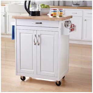 Mainstays Kitchen Island Cart, White. This Stylish Kitchen Furniture Has a Solid Wood Top. Kitchen Island SALE!! Drawer and Cupboard Provide All Your Kitchen Storage Needs. Sturdy Wheels For Moving Around. Towel Bar and Spice Rack.