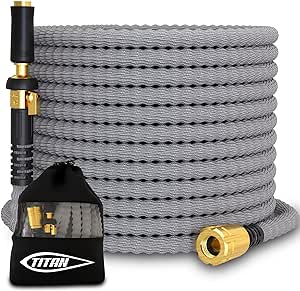 TITAN Garden Hose 65FT | NON-EXPANDING Durable, Flexible, Ultra Lightweight, Extra Strength Fabric Hybrid Water Hose, Heavy Duty Brass Connectors, With Jet Nozzle For Home, Marine, RV