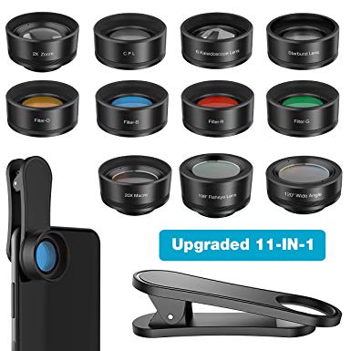 Phone Camera Lens,11 in 1 Cell Phone Lens Kit for iPhone and Android, 0.36X Wide Angle Lens 198°Fisheye Lens 20X Macro Lens Zoom Telephoto Lens CPL Kaleidoscope Lens Starburst Lens 4 Color Filter Lens