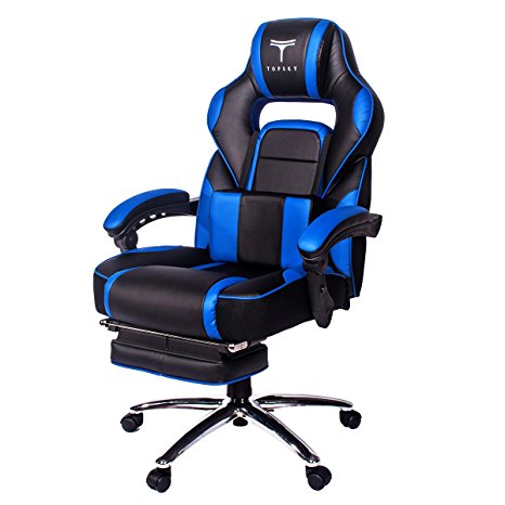 TOPSKY High Back Racing Style PU Leather Computer Gaming Office Chair (Blue) Ergonomic Reclining Design with Lumbar Cushion Footrest and Headrest