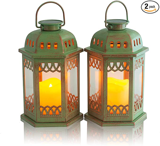 SteadyDoggie Solar Lanterns 2 Pack Green - Hanging Solar Lights with Flickering Candle LED - Retro Ornate Hanging Solar Lantern with Handle