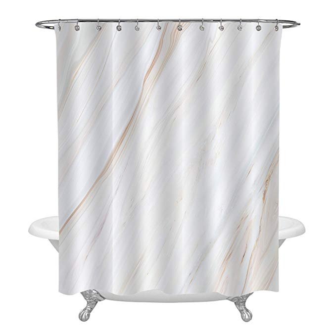 White Natural Marble Shower Curtain Set with Rings for Minimalist Bathroom, Liquid Stone Texture Pattern Living Room Decor, Creative Gift Ideas, 72" x 72" Standard Size, Multicolor